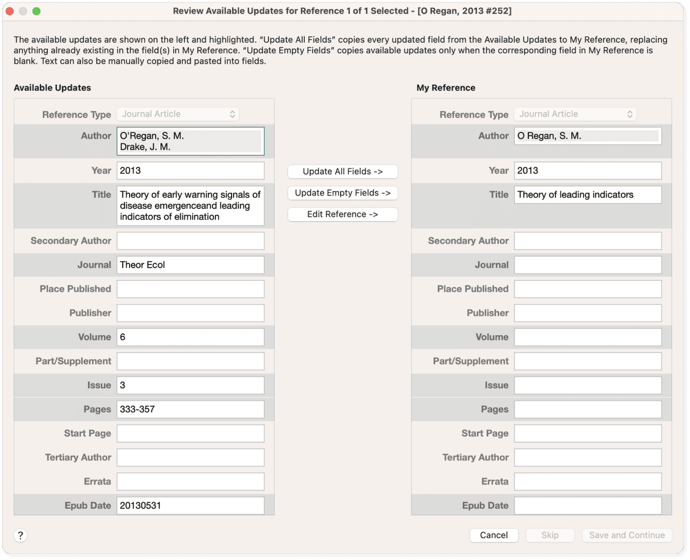 EndNote's Find Reference Updates dialog